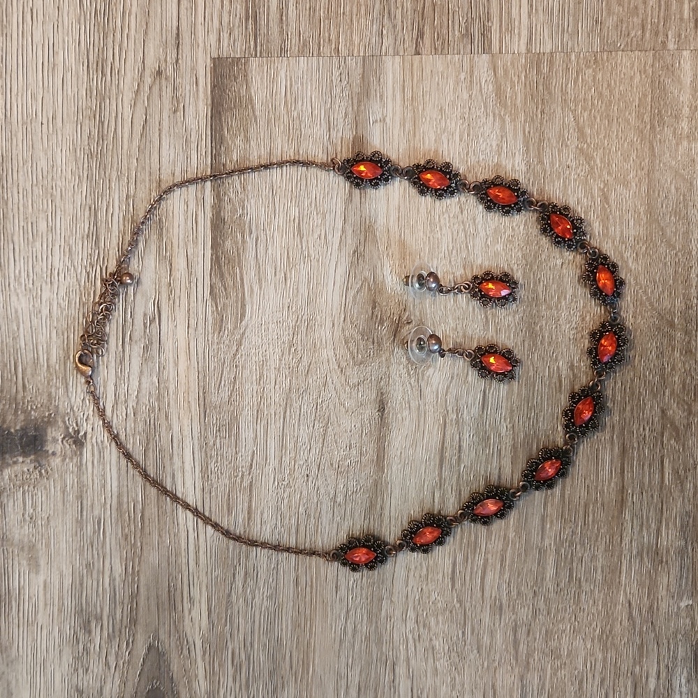 Vintage Bronze and Orange Stone Necklace and Earrings - Picture 2 of 5